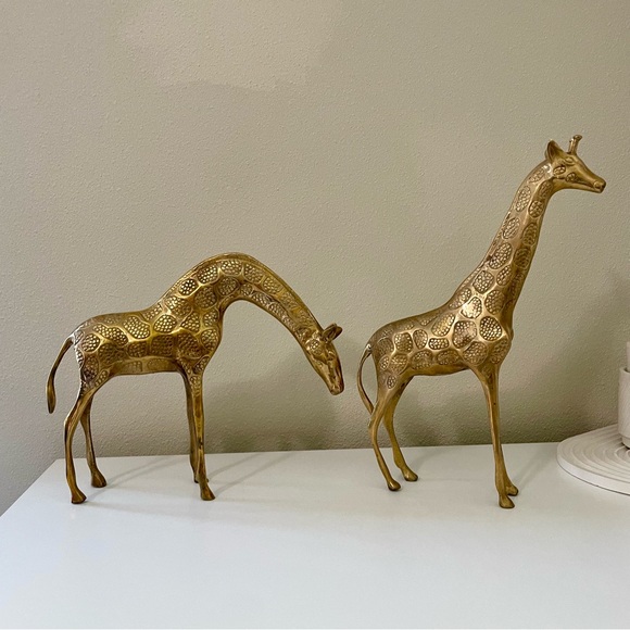 Large Brass Giraffes Pair 12.5 inch and 9 inch MCM VTG Animals Set Figures Decor